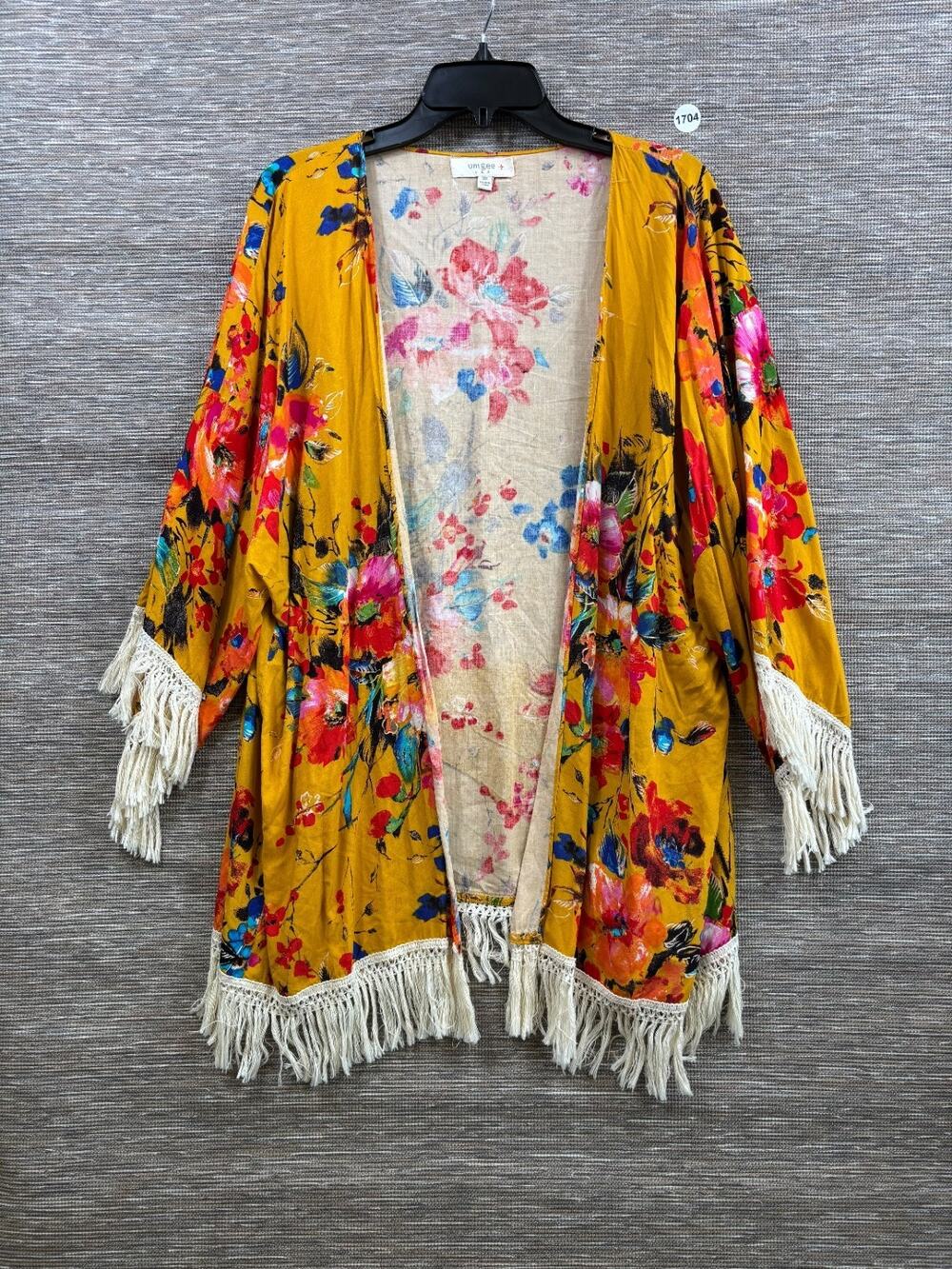 Umgee Floral Fringe Kimono Top Womens Size 1XL Mustard 3/4 Sleeve Casual Boho